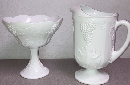 EB-Vintage Milk Glass Harvest Grape Footed Compole Bowl & Pitcher
