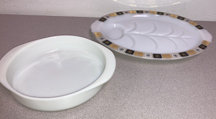 EB-Vintage Pyrex Roynd White Cake Pan, Vintage Milk Glass Turkey Platter w/ Gold & Black Star Burst Trim