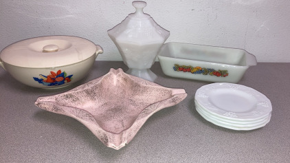 EB-Vintage Fire King Milk Glass Candy Dish,Cambridge Calico Fruit Pie Casserole, Harvest Grape Milk Glass, Fire King Natures Bonnty Bread Pan,Ash Tray