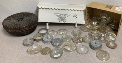 Antique Jar Lids, Mail Box & Wicker Basket W/ Lid