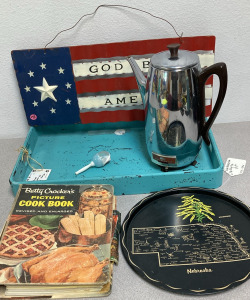 Vintage Coffeematic Electric Coffee Maker, Nebraska Serving Tray, Rustic Metal Tray & More