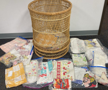 Wicker Basket, Vintage Tablecloths, Pillowcases & More