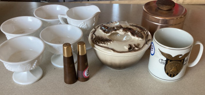 Vintage MilkGlass Cups, Grease Canister & More