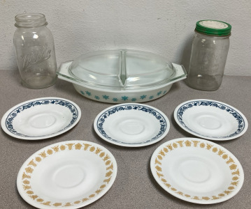 Vintage Pyrex Dish W/ Lid, Corelle Salad Plates & Mason Jars