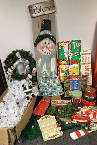 Vintage Holiday Decor - Small White Tree W/ Blue Lights, Wood Welcome Sign & More
