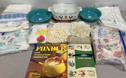Vintage Pyrex W/ Lid, HLC Bowls, Tablecloths, & More