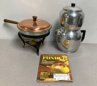 Vintage Fondue Pan, Book, & Coffee Pot