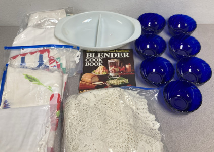 Vintage Pyrex, Blue Glass Bowls, Tablecloths & Blender Cook Book