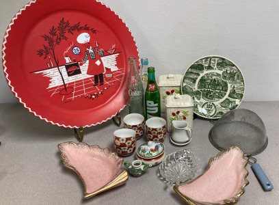 Vintage Decor - Plates, Soda Bottles, Containers, & Hand Strainer