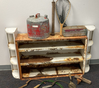 Rustic Gas Can, Shelf, Corner Shelves, Fishing Box, & Pump
