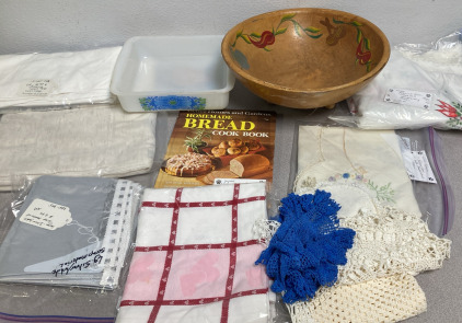 Vintage Glasbake Dish, Wooden Bowl, Tablecloths, & Cookbook