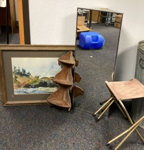 Vintage Corner Medicine Cabinet, Water Color Painting, & Foldable Seat