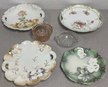 Vintage Pink Indonesian Candy Dish, Imperial Clear Glass Dish, & (4) Floral Glass Trays