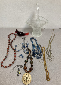 Crystal Candy Dish, Red Glass Bird Decor, & Costume Jewelry