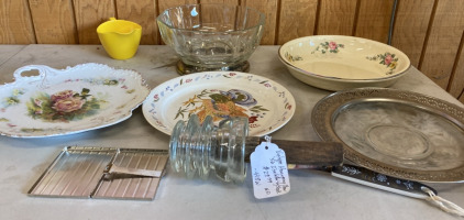 Glass dishes and a vintage glass, insulator and vintage silver chrome cigarette case