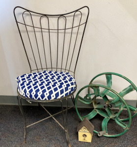 Iron Chair, Hose Wheel, & Bird House Alarm