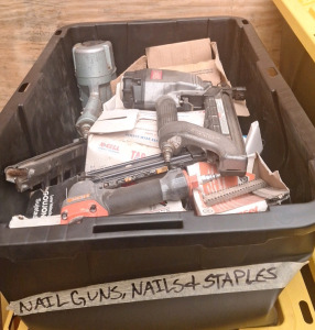 Tote of Nail Guns, Staples, & Nails
