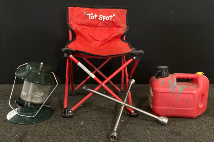 Small Gas Tank, Toddler Camping Chair, Tire Iron, Coleman Propane Lantern