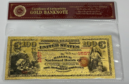 1875 $100 99.9% Pure 24k Carat Gold Banknote W/ COA