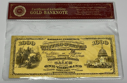 1875 $100 99.9% Pure 24k Carat Gold Banknote W/ COA