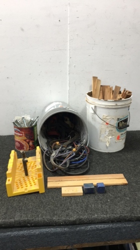 (1) Bucket of Bungie Cords and Long Bolts (1) Bucket of Wood Pieces and a Stanley Miter Box