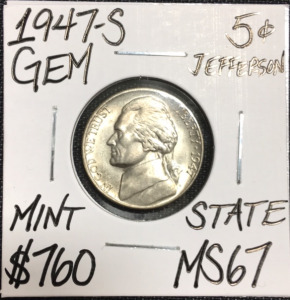 1947-S MS67 Mint State Gem Jefferson Nickel