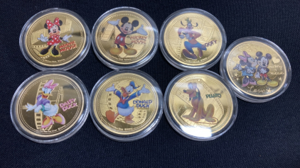 (7) Disney Character Gold Colored Silver Plated Collectible Coins