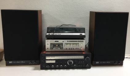 (1) Optonica SA-5605 Stereo Reciever (1) Sanyo Plus D-65 Stereo Cassette Deck (1) Fisher Mt-6310 Turn table (2) Sound Research 1234 Stereo Monitor Speakers