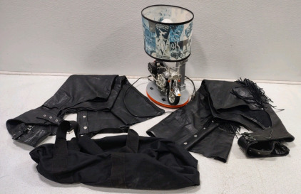 Vintage Harley-Davidson Lamp/Night Light w/ Mini Harley & Leather Riding Pants w/Bag