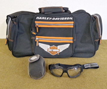 (1) Pair Harley Davidson, Folding Riding Goggles & (1) Harley Davidson Duffel Bag