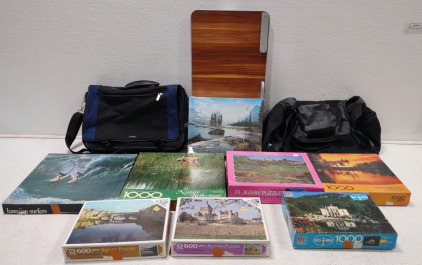 (8) Assorted Jigsaw Puzzles, (2) Bags and a 2'x1'1" Foldable Table/Desk