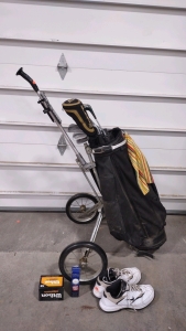 (1) Golf Cart w/ Golf Club Set, (16) Golf Balls & (1) Pair of Cleats