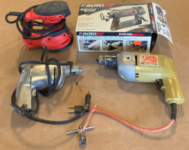 (1) Rotozip Heavy Duty Spiral Saw (1) Black & Decker R0410 Orbit Palm Sander (1) Black & Decker 1/2” Drill