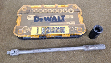 (1) Dewalt, 1/2" Socket Set. (1) 17", 1/2" Breaker Bar & (1) Pittsburgh. 1-1/8" Deepwell, 1/2" Impact Socket