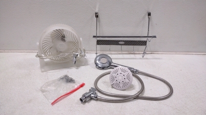 (2) Shower Heads, Towel/Bathroom Rack & 9"x 9" Small Fan