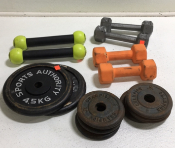 (8) Champion 2.5lb Iron Weights (2) Sports Authority 4.5kg Iron Weights (3) Sets Of Various Weight Dumbells