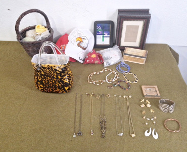 (1) Glass, Leopard Print Vase, Collection of Assorted Cosmetic Jewelry & More