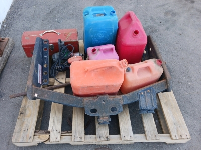Assorted Plastic Gas Cans, Trailer Hitch, Palm Sander and More