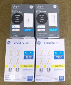 (2) 4-Bulb Packs Of GE, Classic LED, 60W, Clear, Bright White Light Bulbs & (2) Different Style, GE On/Off Smart Switches