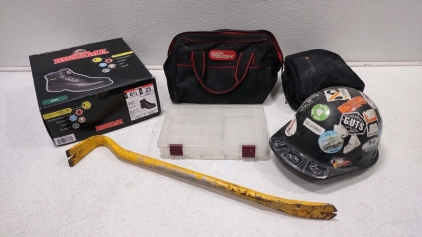Yellow Used Crowbar, 6&frac12; Brahma Steel Toe Black Boots, Hyper Tough Tool Bag & More