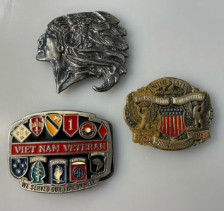 (3) Vintage Belt Buckles: Vietnam Veteran, American Bicentennial, & Native American Chief