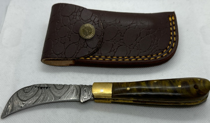 Damascus Folding Knife w/ Leather Sheath