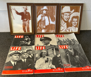 (2) John Wayne Framed Pictures, (1) Roy Rogers & Dale Evans Framed Picture, (6) Issues Of Life Magazine 1943-46