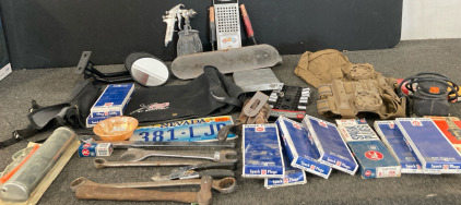 Spark Plugs, Various Wrenches, Small Grinder, & Various Auto Accessories & Parts