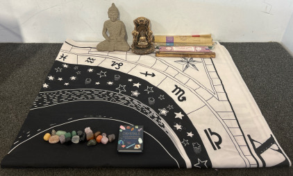 Zodiac Sign Fabric, Crystals W/ Guidebook, Incense Sticks, & Buddha Statues