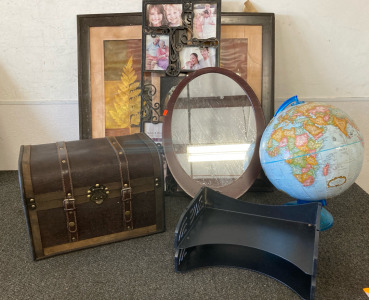 Home Decor, Chest, Globe, (8) File Shelves, Picture Frame