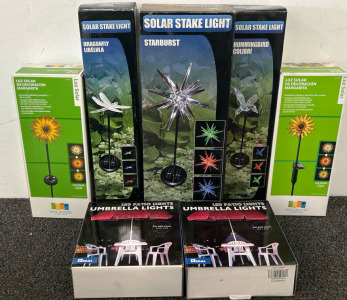 (5) Solar Stake Lights & (2) Packs of LED Patio Umbrella Lights