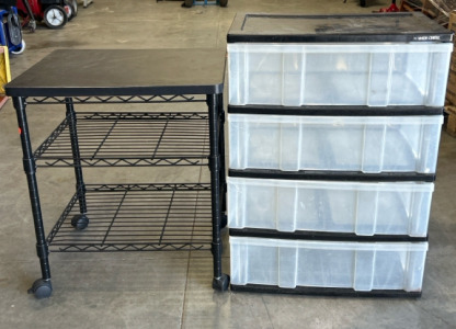 Black Wire Rolling Table W/ Shelves, Plastic Chest W/ (4) Shelves