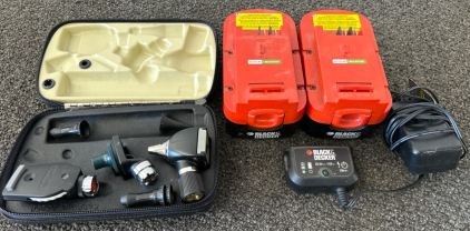 (2) Black & Decker 18v Batteries W/ Charger & Assortment Of Medical Examination Tips