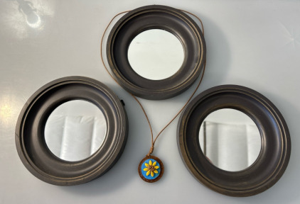 (3) Circular Mirrors & Wooden Flower Pendant